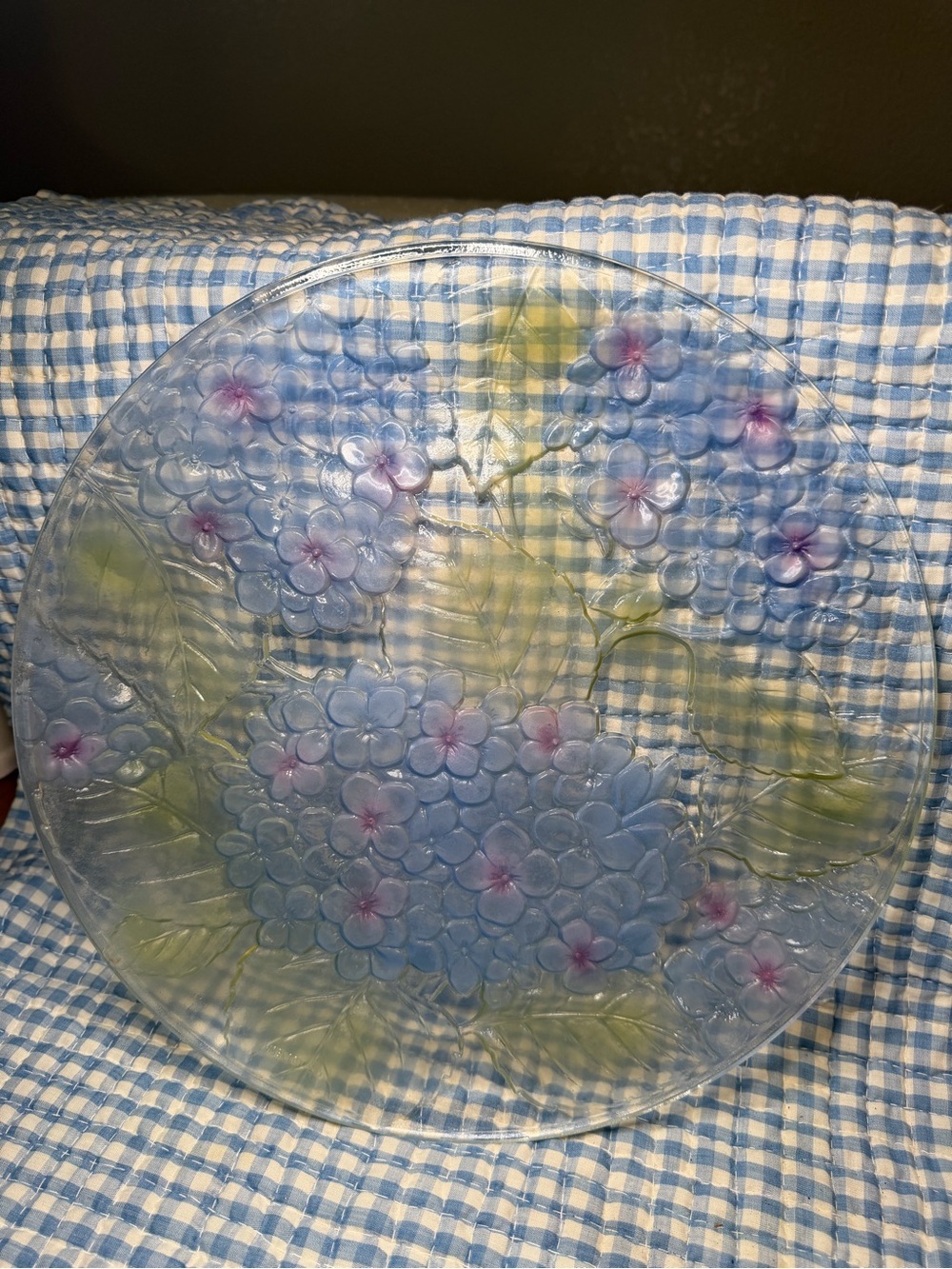 Vintage KIG Indonesia Glass Hydrangea Serving Platter – Embossed Floral Round Ch